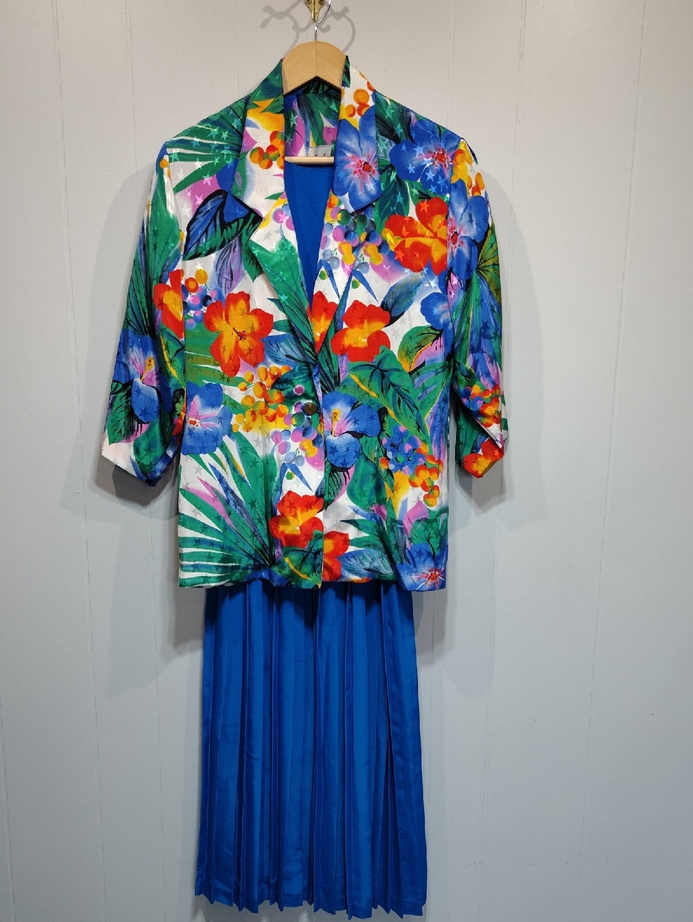 VTG Jamboree 3 PC Skirt Set 6 Tropical Floral Blazer Top Pleated Royal Blue 90s